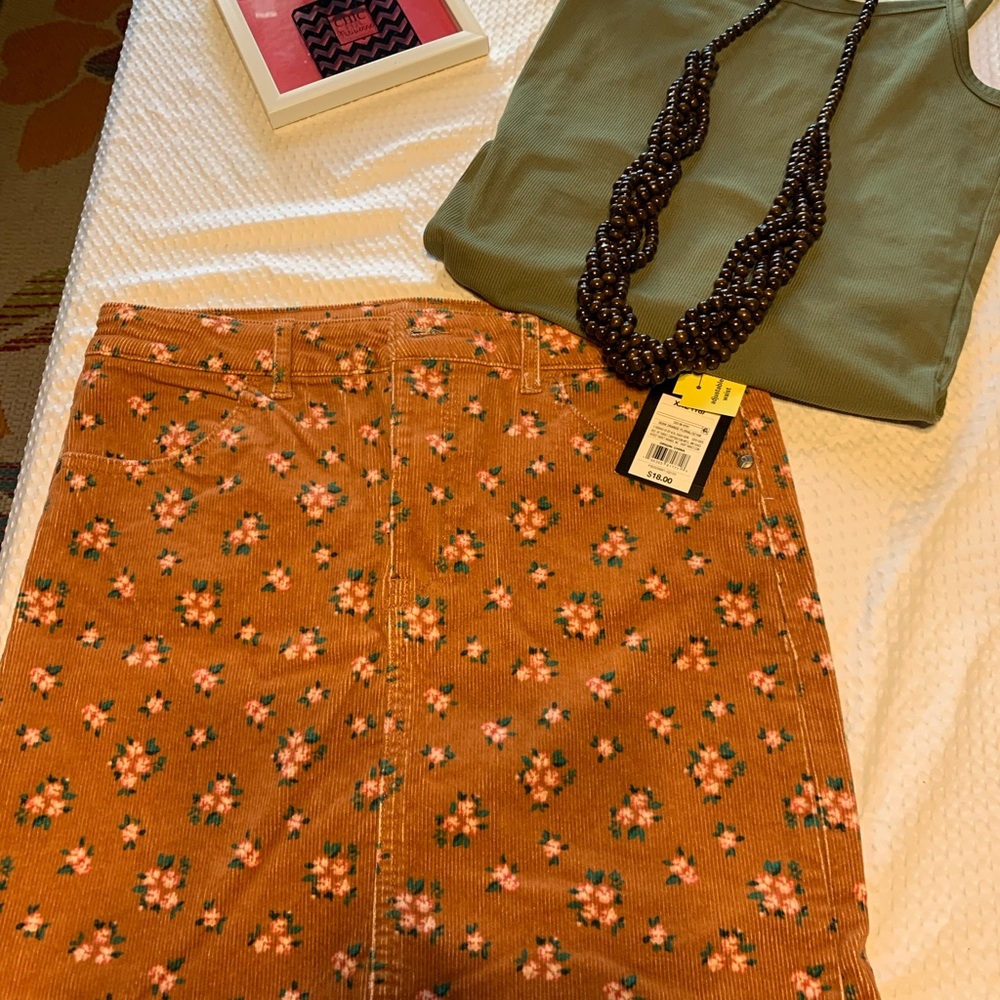 art class Floral Corduroy Skirt in Tan with Pink Accents